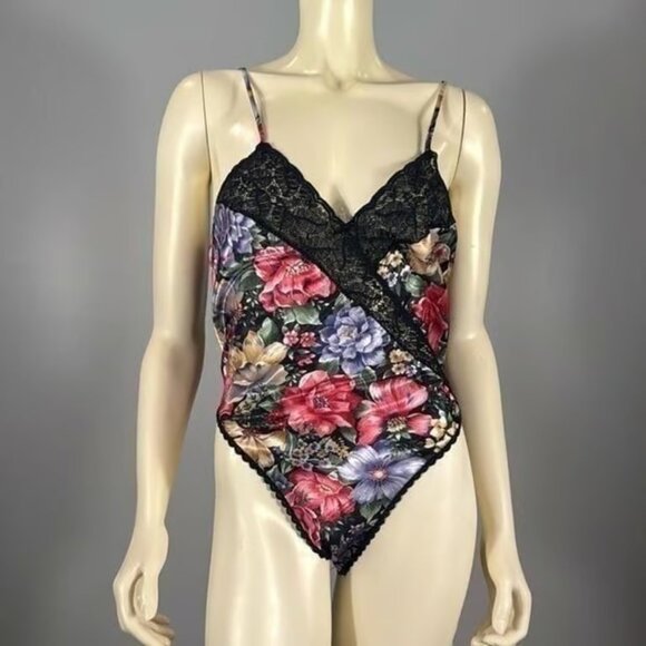 Tops - Vintage MYONNE Sheer Lace Satin Romper Bodysuit Teddy Size M